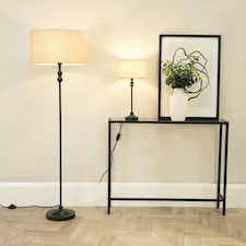 ValueLights Maggie Black Metal Candlestick Floor Lamp with Natural Fabric Lamp Shade