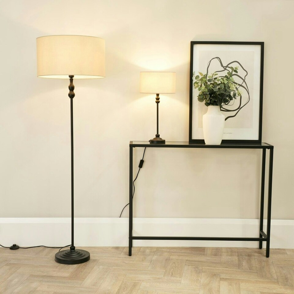 image 1 of ValueLights Maggie Black Metal Candlestick Floor Lamp with Natural Fabric Lamp Shade