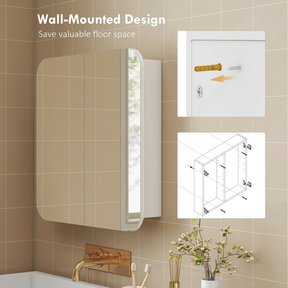 image 1 of HOMCOM Arched Bathroom Mirror Cabinet, Wall Mounted Mirrored Cabinet White