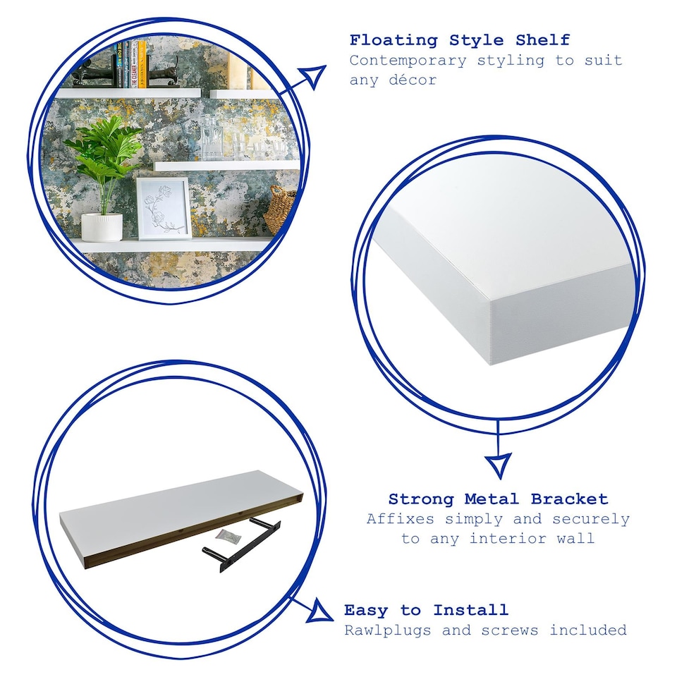 image 1 of Harbour Housewares Modern Floating Wall Shelves - 80cm - White