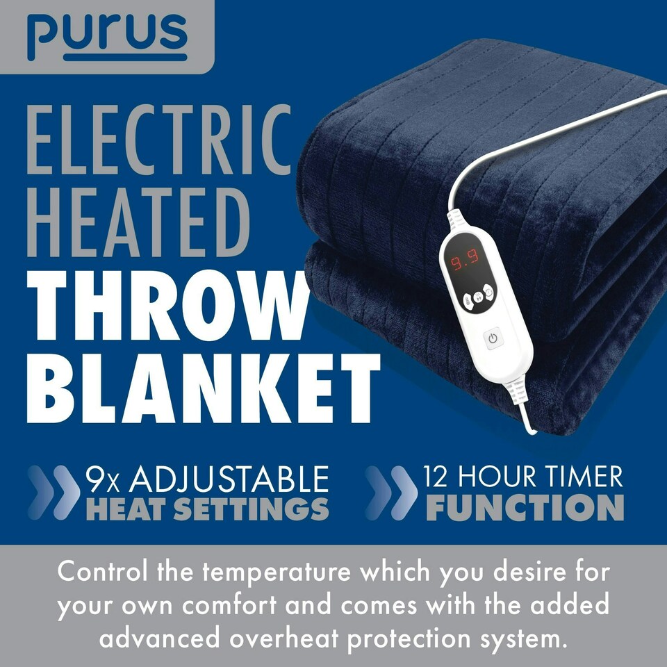 image 1 of Purus Electric Heated Fleece Blanket Throw 160x120cm - Blue Blue