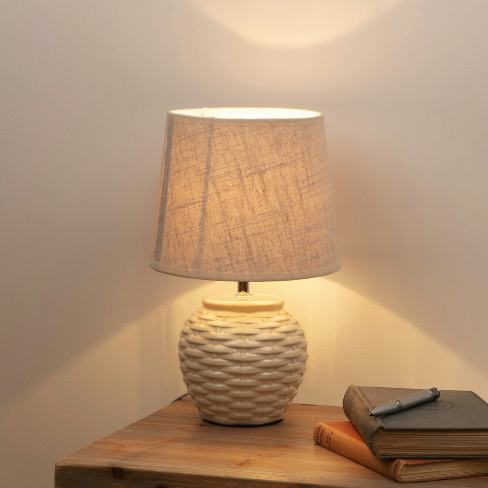 image 1 of Basket Weave Table Lamp with Beige Linen Shade Cream