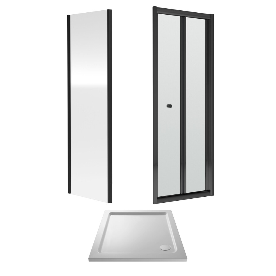 image 1 of Ruwa Square Bi-Fold & 4mm Glass 760x760mm Tray Door Side Panel Black | Black | Matt Black | 3