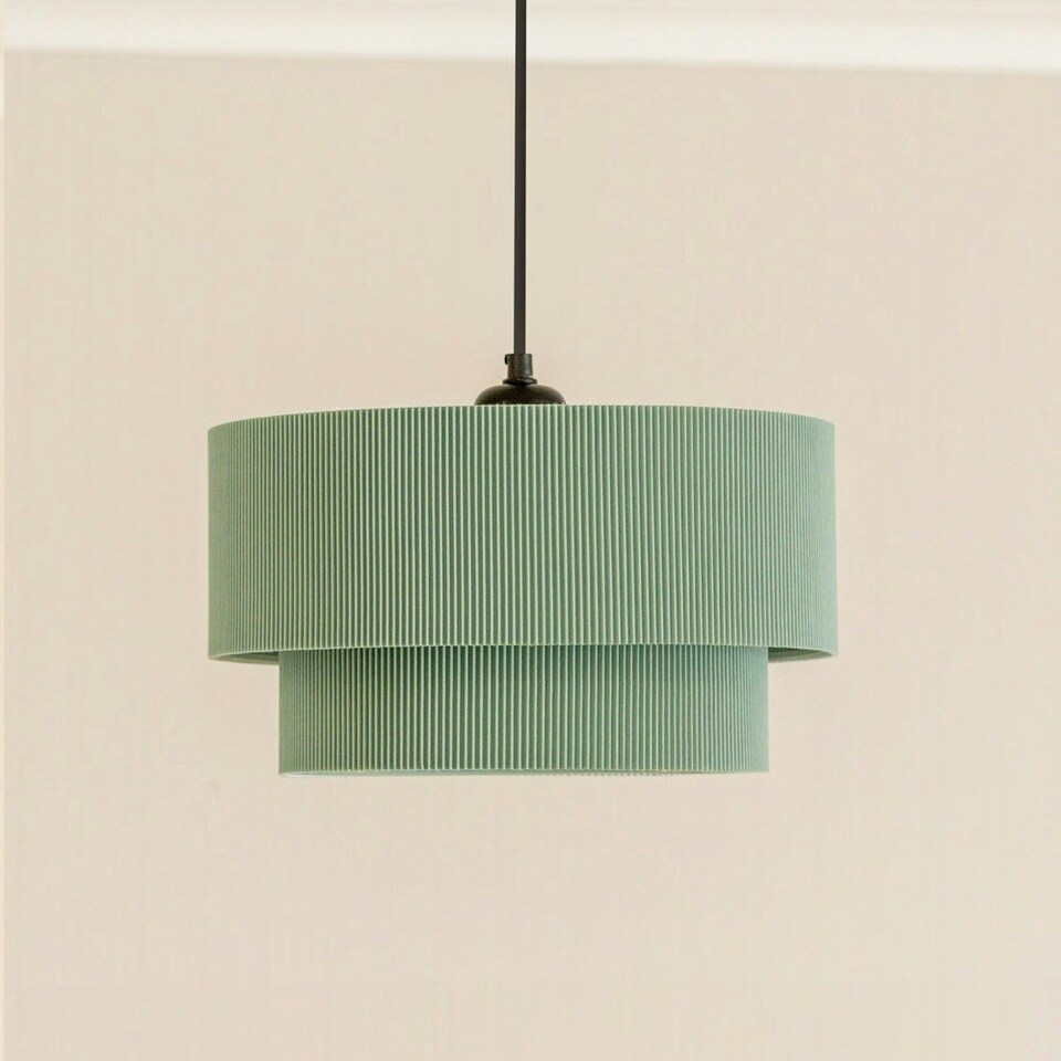 image 1 of ValueLights Mason Ruched Crinkle Green Fabric Two Tier Ceiling Floor Table Lamp Shade