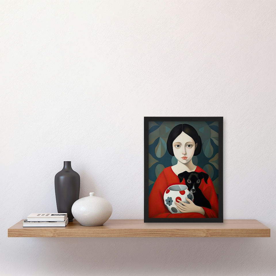 image 1 of Few My Favourite Things Girl Puppy Vase Black Framed Wall Art Print A4