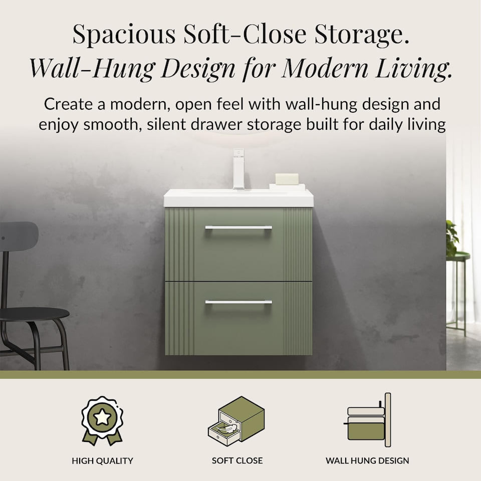 image 1 of Wall Hung 2 Drawers Vanity Unit - Mid-Edge Basin 500mm, Satin Green | Green | Satin Green | 390 x 510 x 540mm