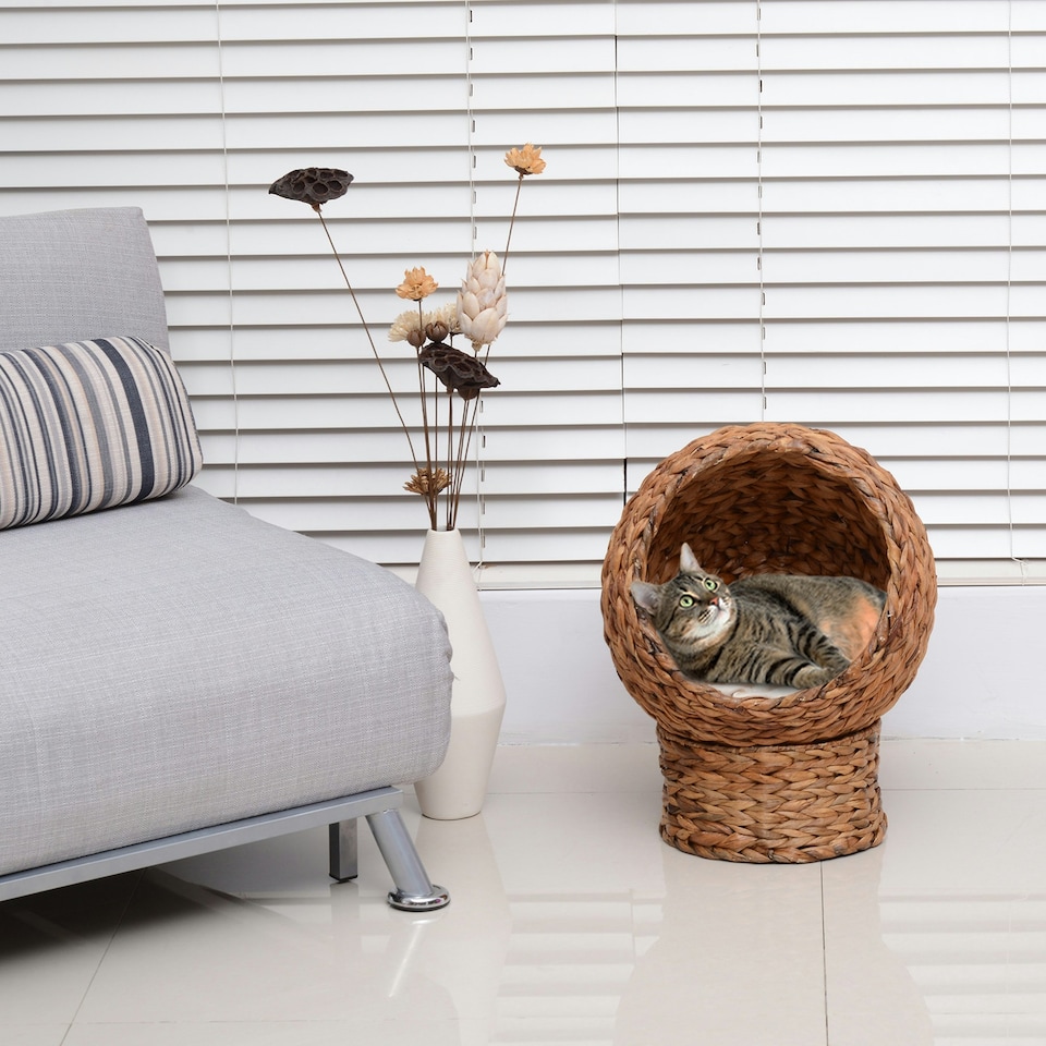 image 1 of PawHut Wicker Cat House, Raised Cat Bed with Cylindrical Base, 40 x 37 x 51 cm