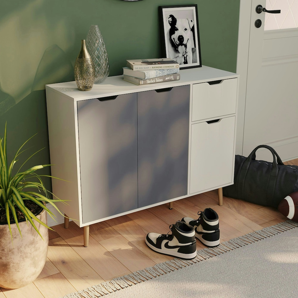 image 1 of Vida Designs 3 Door 1 Drawer Sideboard Buffet Cabinet Storage, White & Grey