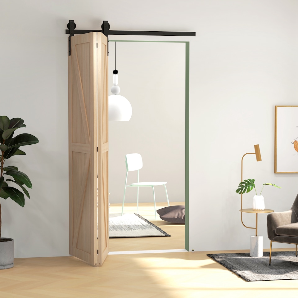 image 1 of HOMCOM 4FT 122CM Bi-Folding Sliding Barn Door Hardware Track Kit, Heavy Duty Sliding Door Kit for 2 Doors with J Shape Hanger | Black | Black