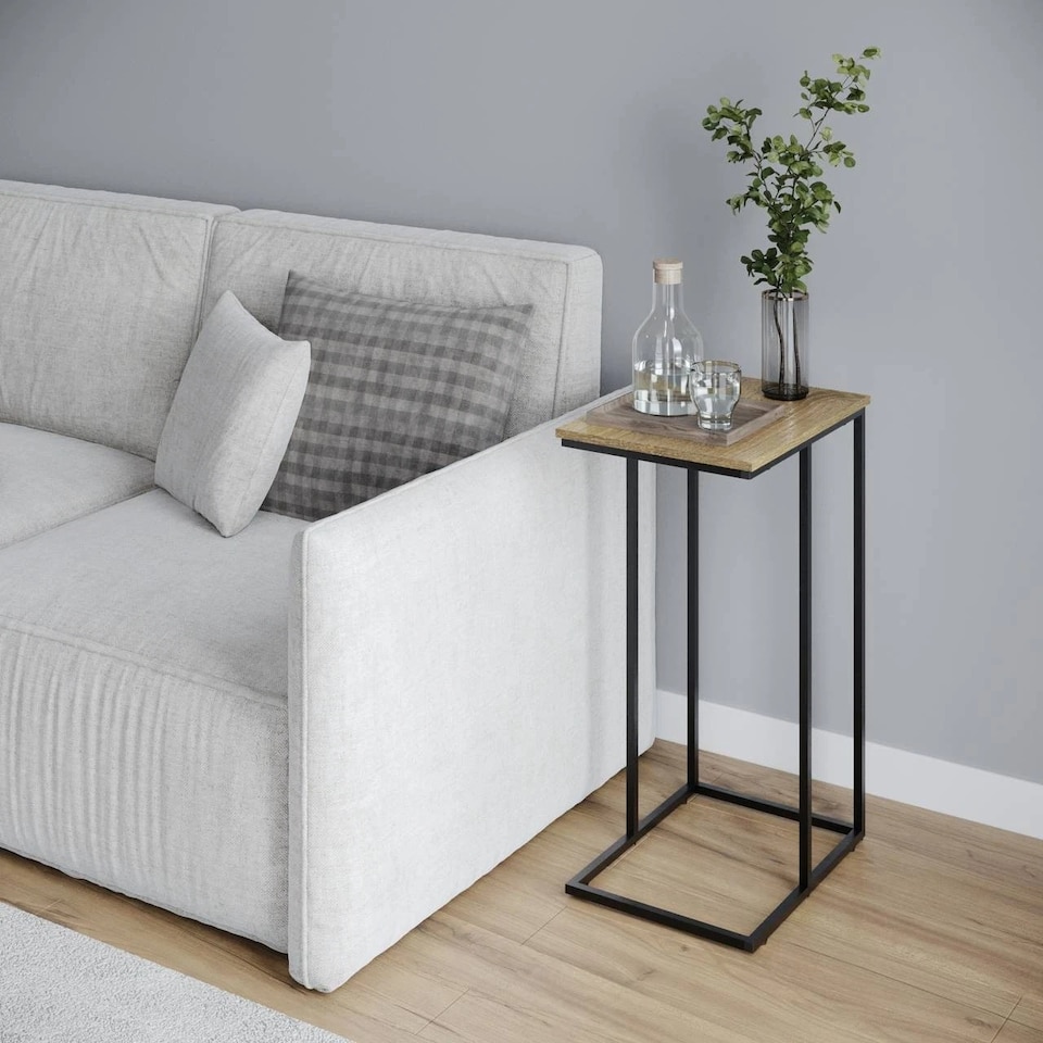image 1 of Modern End C Shaped Industrial Sofa Side Table with Steel Frame Wood Top Decor | Black | Modern Oak | 1