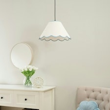 ValueLights Florie Natural Linen Small Tapered Lamp Shade with Scallop Blue Trim
