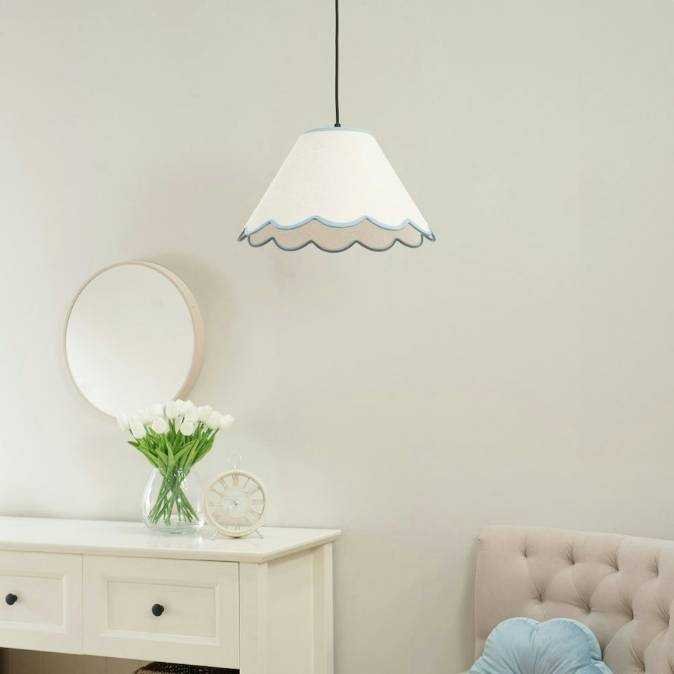 image 1 of ValueLights Florie Natural Linen Small Tapered Lamp Shade with Scallop Blue Trim
