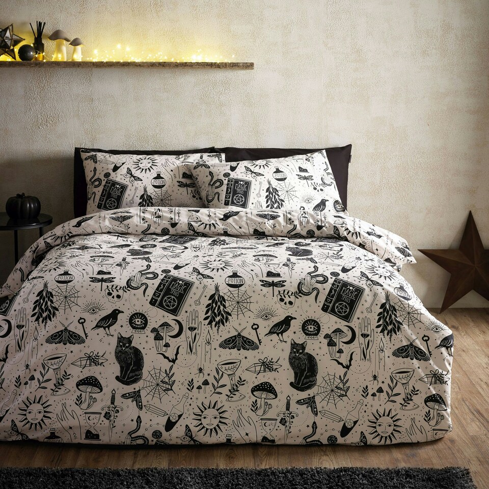 image 1 of Catherine Lansfield Enchanted Witchcraft Reversible Duvet Cover Set Black / Natural | Black | Black / Natural | Single