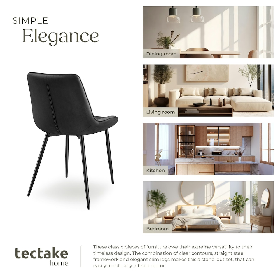 image 1 of Dining Chair Monroe - padded, velvet look, ergonomic seat, black steel legs - Set of 6 Black