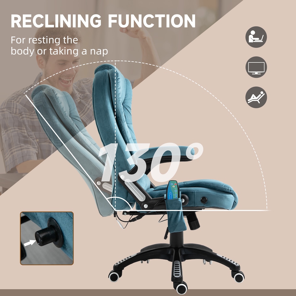 image 1 of Vinsetto Office Chair, Desk Chair with 6-Point Massage and Back Heated, Velvet-Feel Fabric Computer Chair with Arms, Lumbar Support, Blue
