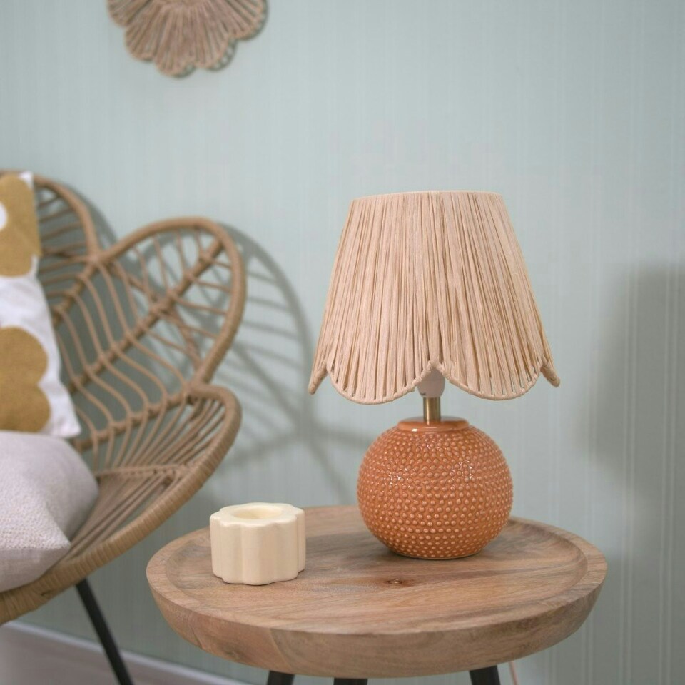 image 1 of ValueLights Sebby Ceramic Globe Textured Table Lamp with Raffia Lamp Shade and LED Bulb Orange