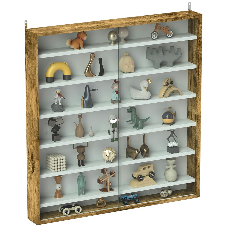 image 1 of HOMCOM 7-Tier Wall Display Cabinet w/ Shelves Glass Doors, Black and White Yellow