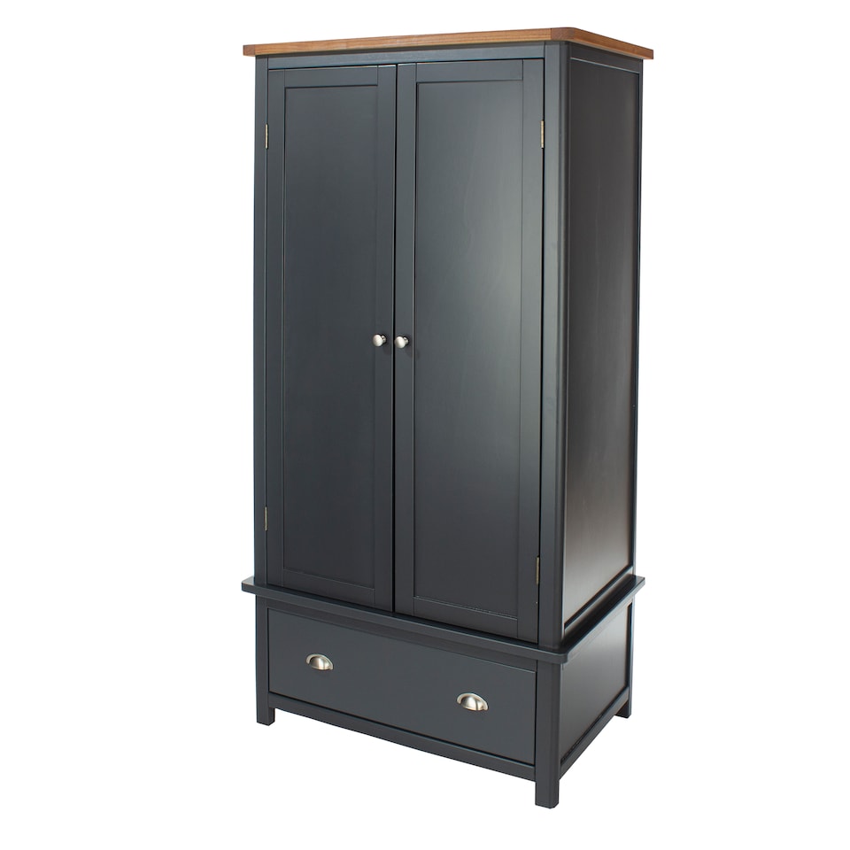 image 1 of Dunkeld Two Door Wardrobe with Midnight Blue and Antique Oak Effect Finish - Drawer and Hanging Storage | Blue | Blue | One Size | 1
