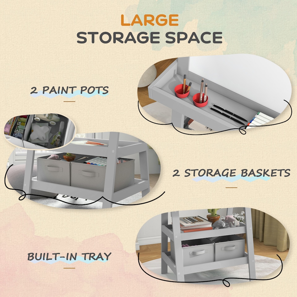 image 1 of AIYAPLAY Double-Sided Art Easel for Kids w/ Paper Roll, Storage Baskets Grey