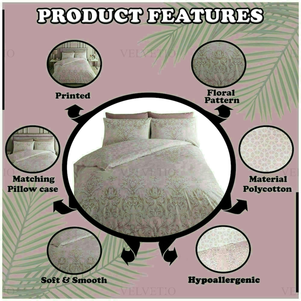 image 1 of VELVETIO Antoinette Printed Duvet Cover Set Reversible Polycotton Beddings Pink | Single