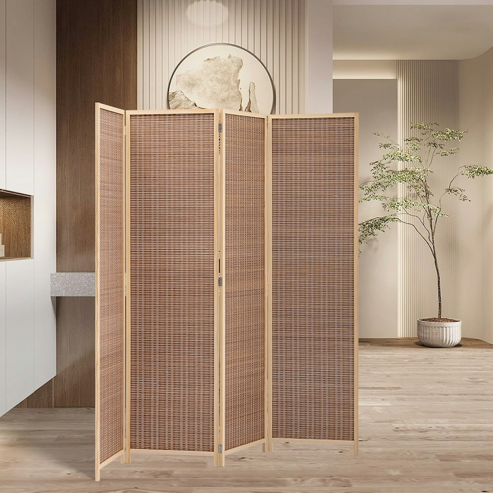 image 1 of Living and Home 4-Panel Bamboo Woven Folding Divider Screen - Brown | Brown