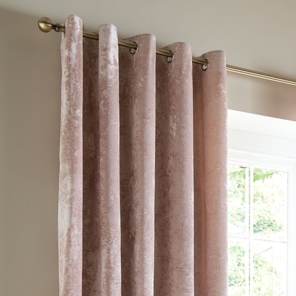 image 1 of Catherine Lansfield Crushed Velvet Lined Eyelet Curtains | Pink | Blush Pink