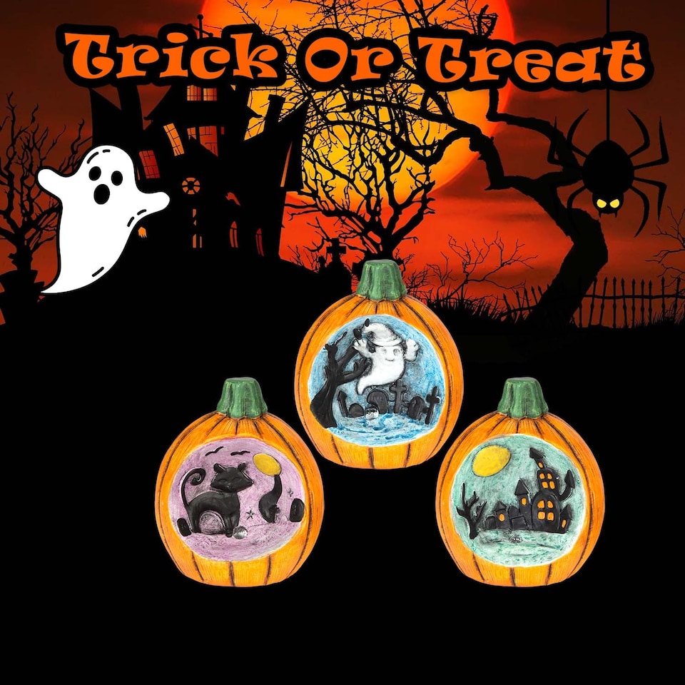 image 1 of vfm-estore Halloween LED Pumpkin Scenes 3-Pack - Cat, Ghost, House Multicolour Decorations
