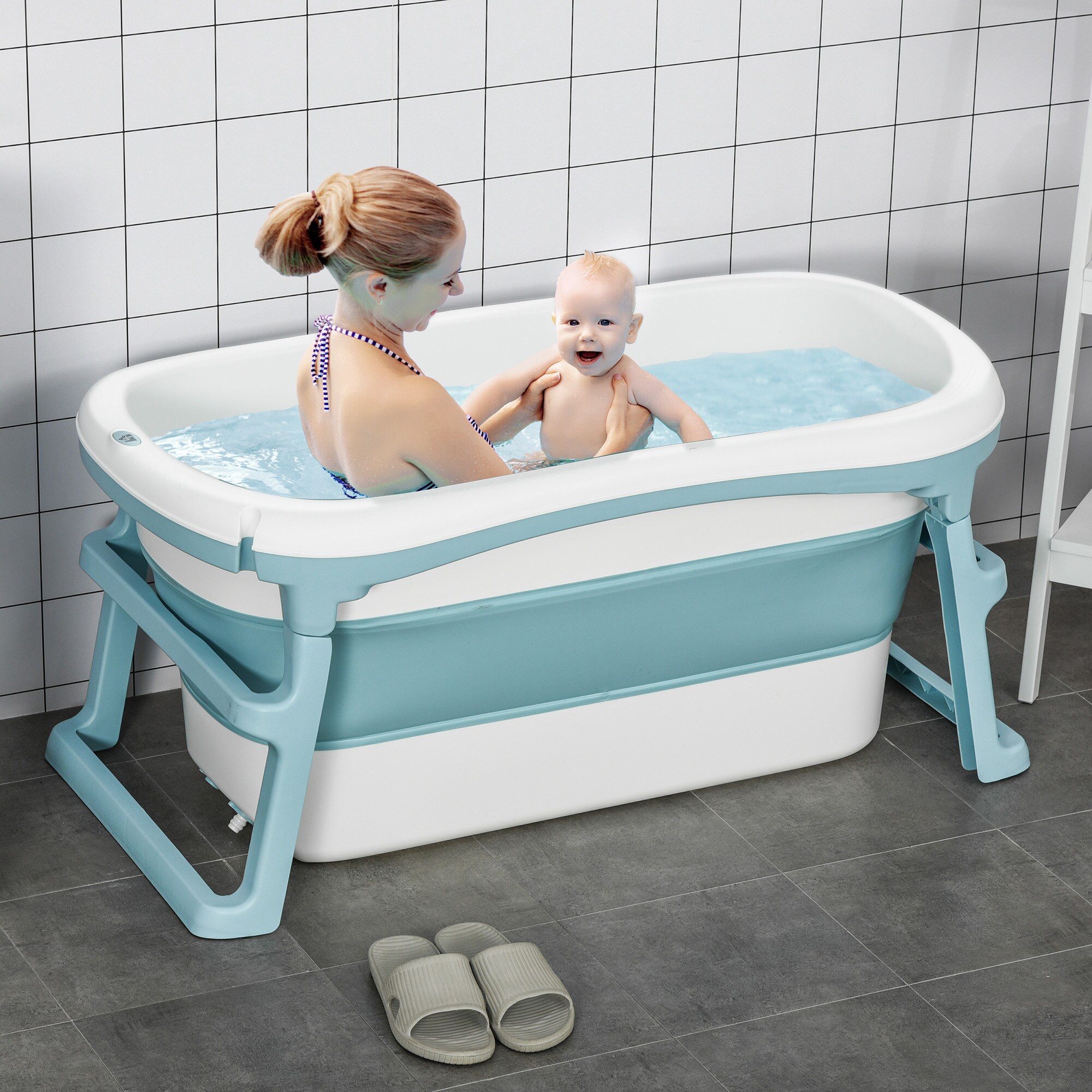 HOMCOM Foldable Bathtub Kids Bath Tub with Lid Large Bathtubs for 1