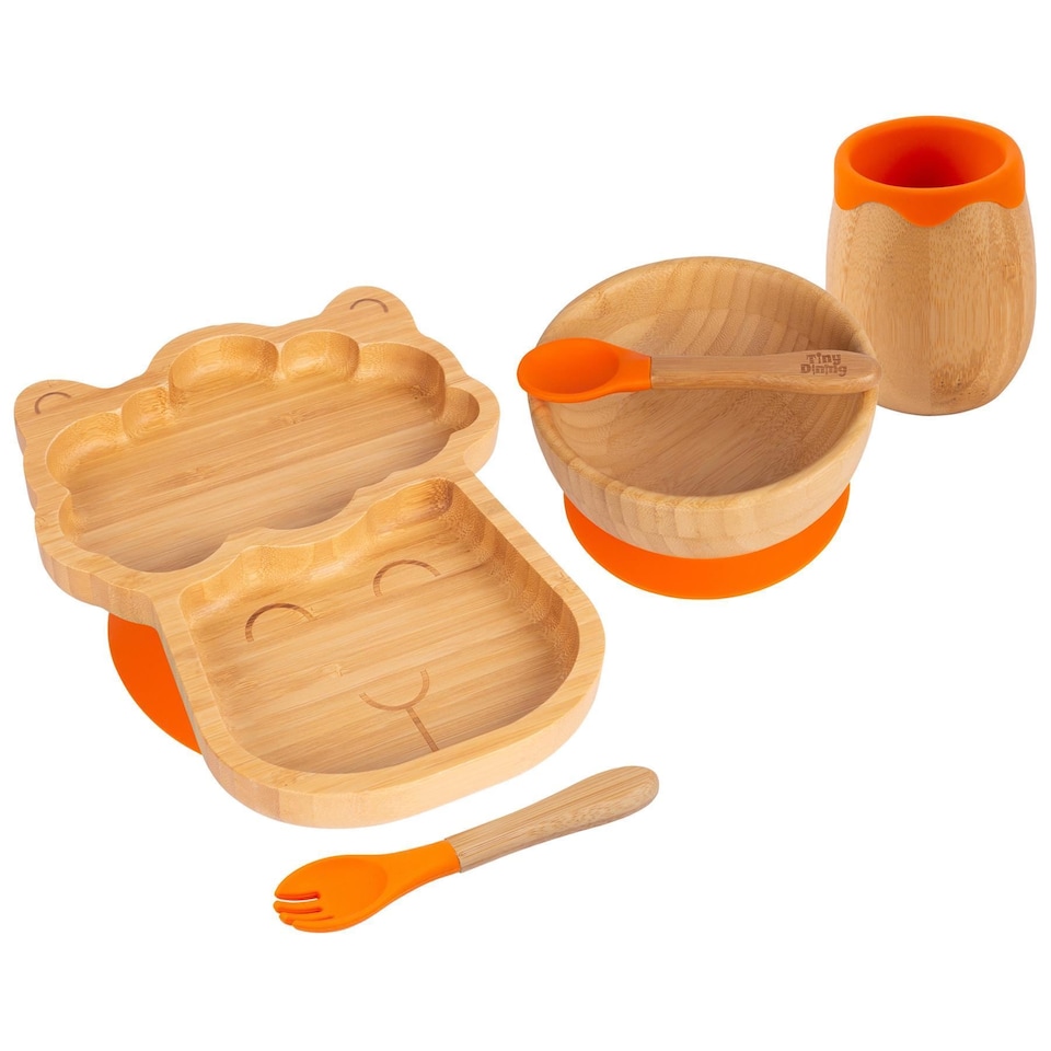 image 1 of Tiny Dining 5pc Bamboo Suction Feeding Set - Llama/Orange - Divided Non-Slip Bamboo Baby Self-Feeding Dining Weaning Set