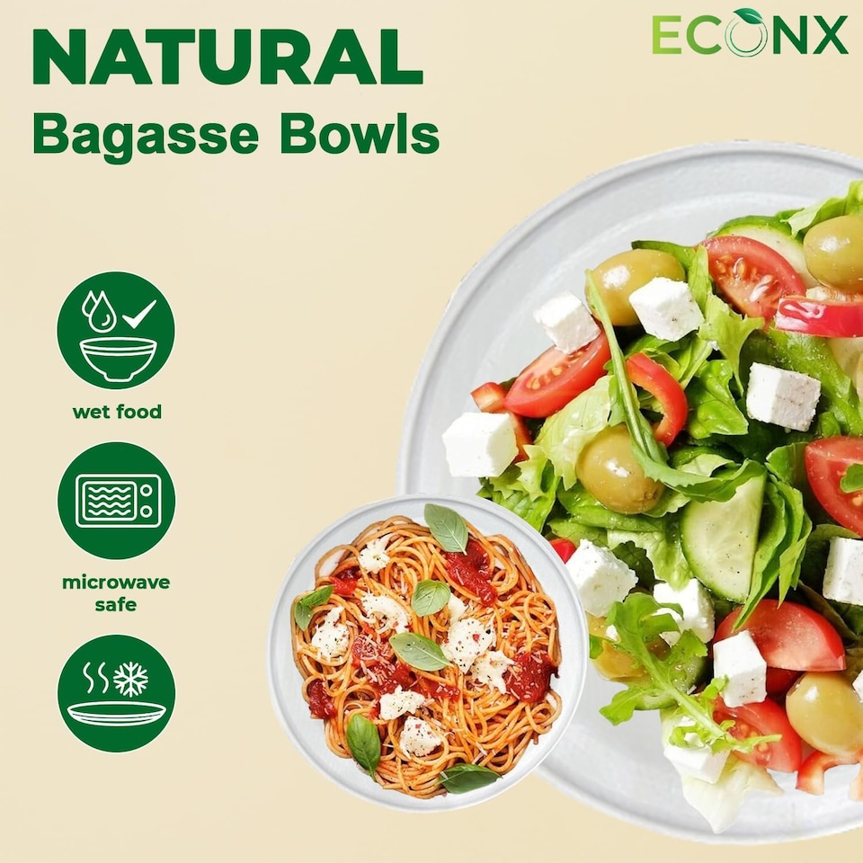 image 1 of ECONX 100Pcs Biodegradable Bagasse Bowls 6oz White Sugarcane Disposable Bowl