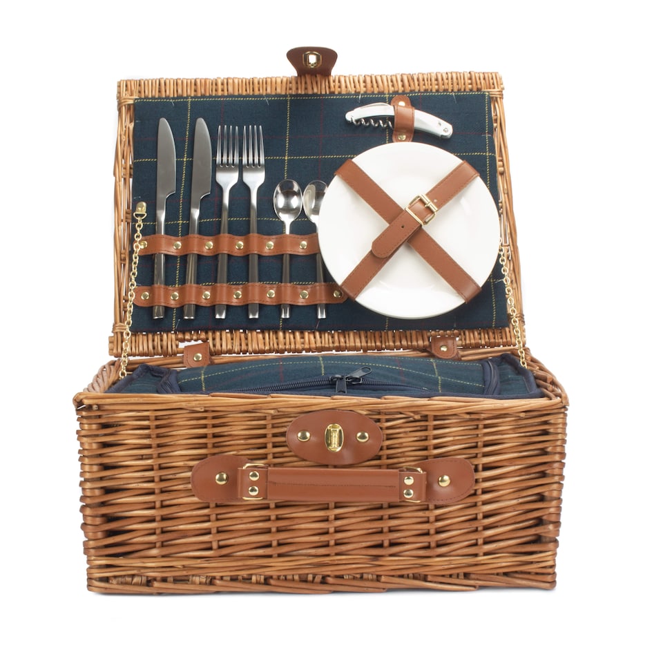image 1 of 2 Person Blue Tweed Fitted Picnic Basket | Blue | Blue | 1