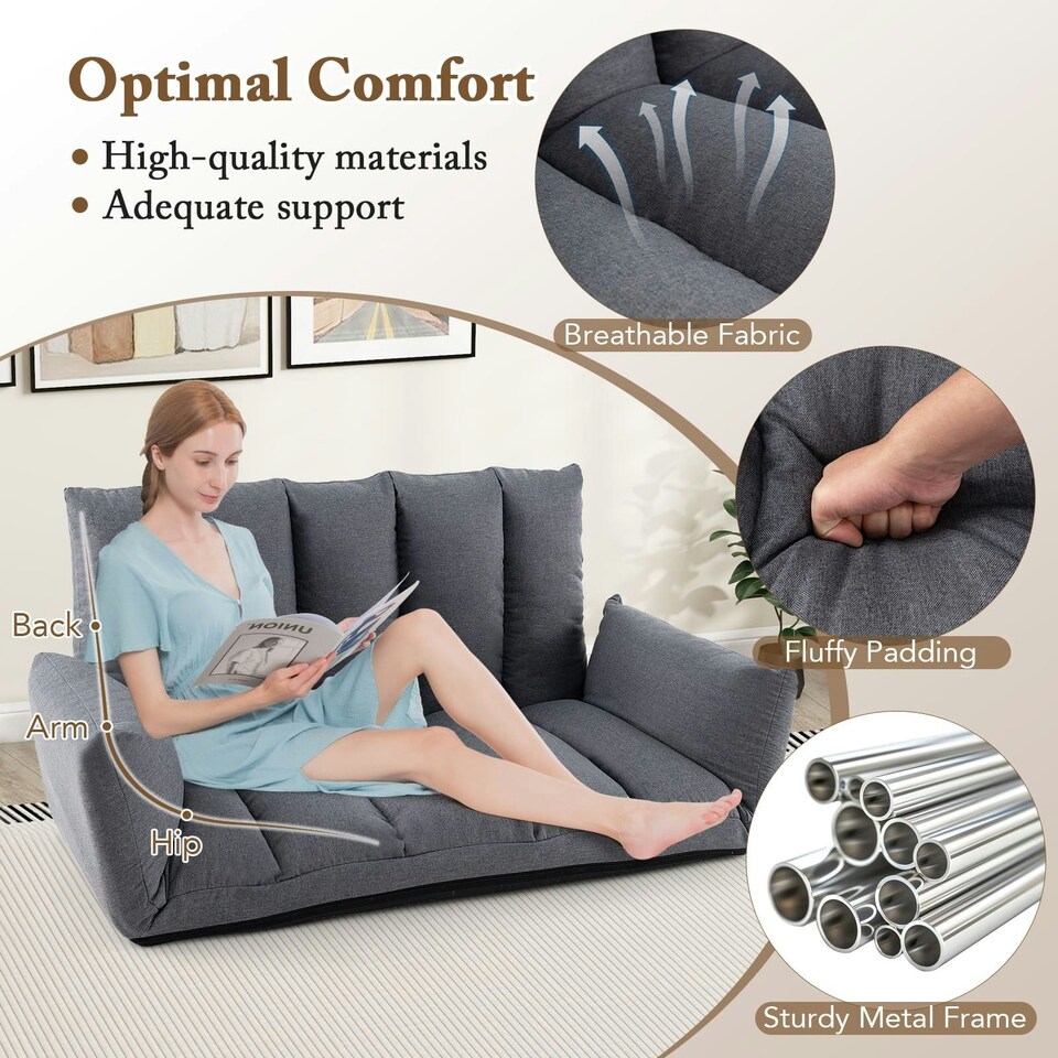 image 1 of COSTWAY Foldable Floor Sofa Upholstered Recliner Chair Grey