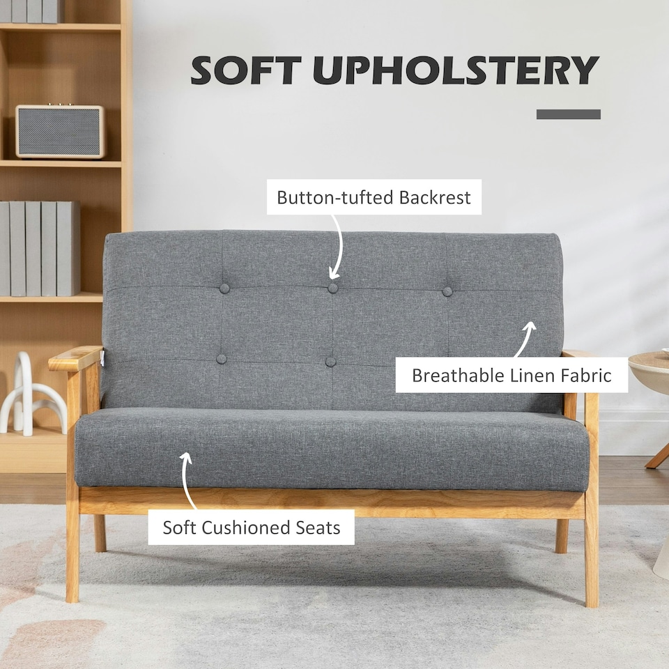 image 1 of HOMCOM Modern 2-Seater Sofa Upholstery w/ Rubber Wood Legs Dark Grey