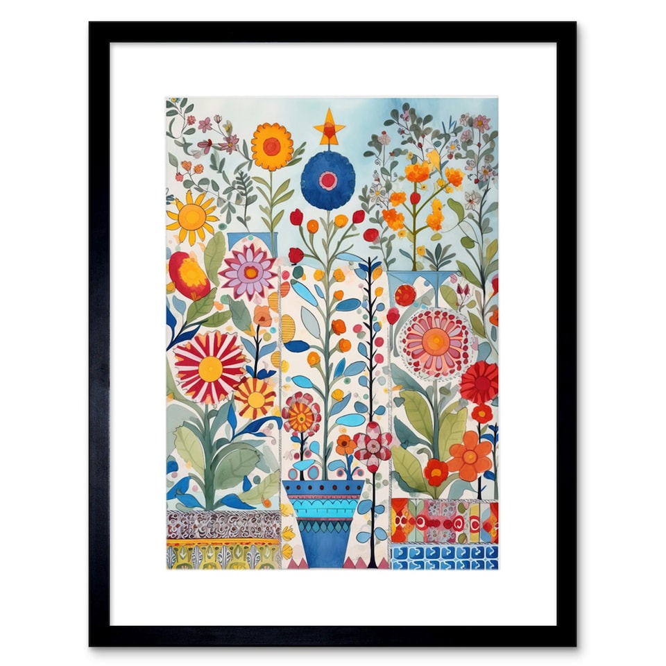 image 1 of Garden Flowers Folk Art Watercolour Painting 9x7" Black Framed Wall Art Print