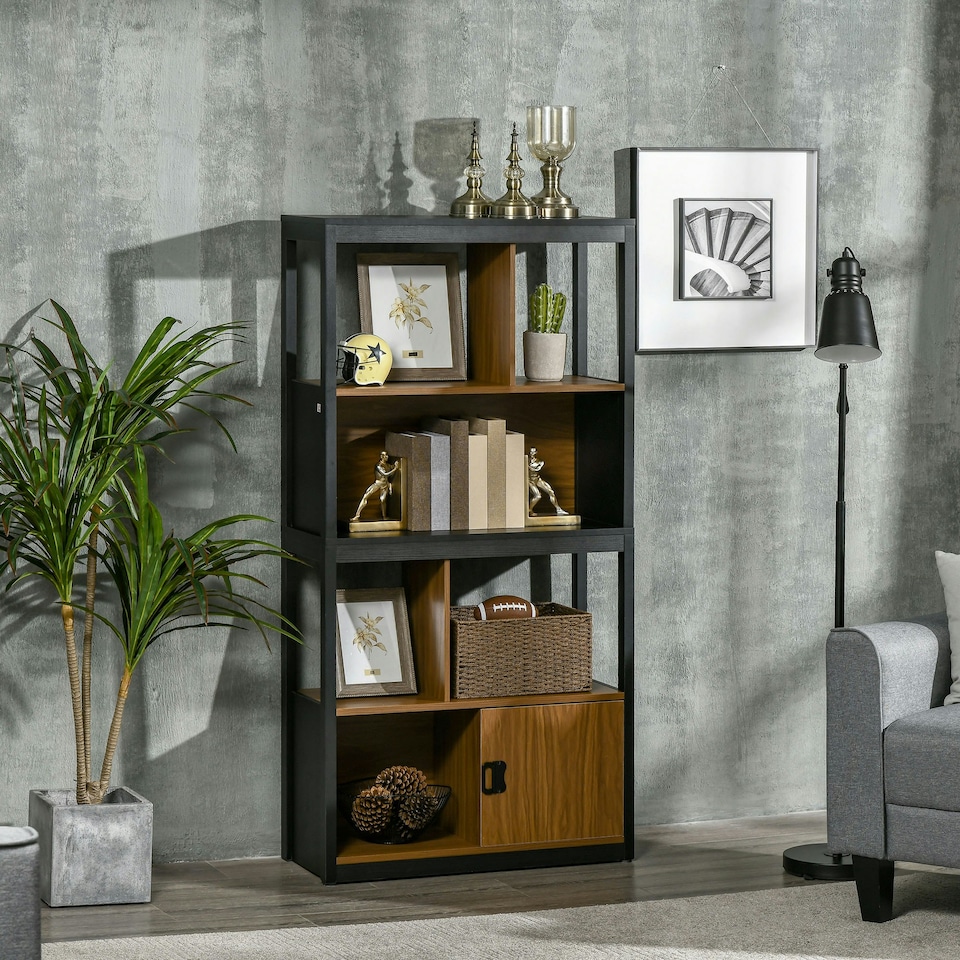 image 1 of HOMCOM 4-Tier Bookshelf Freestanding Bookcase W/ Storage for Study Walnut Brown