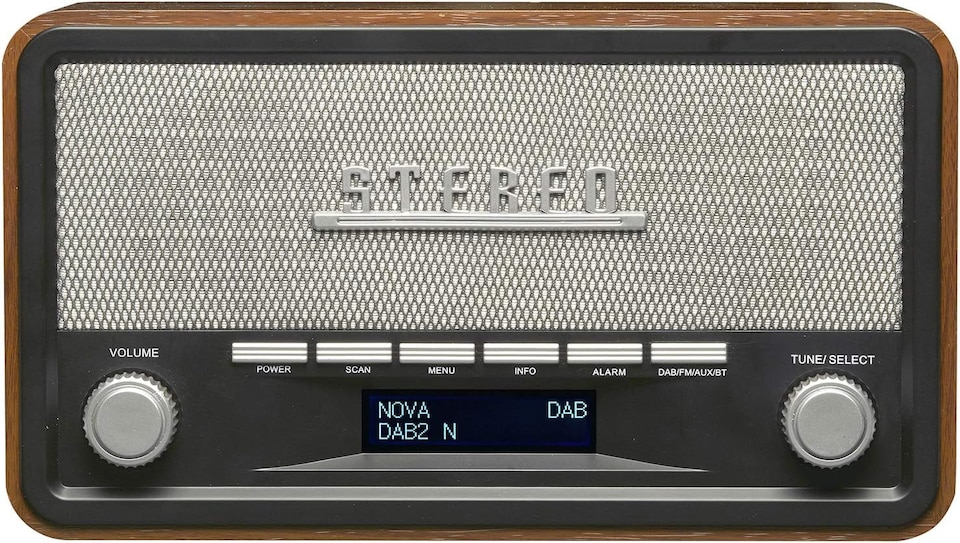 image 1 of Vintage Style Stereo DAB/DAB+ & FM Radio – Grey Wood Cabinet, Bluetooth, Clock Radio Alarm, AUX IN for Smart Phone/Tablet / MP3 Player – Mains or Battery