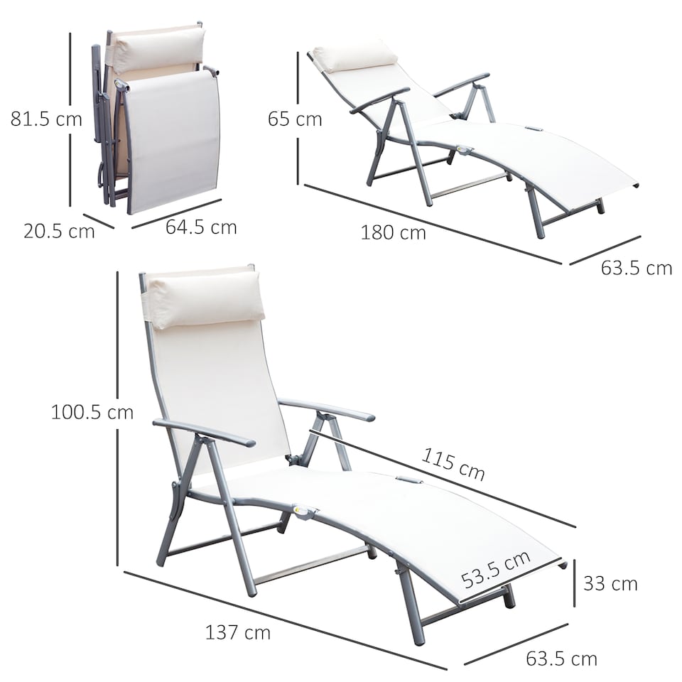 image 1 of Outsunny Sun Lounger Steel Frame Outdoor Folding Chaise Texteline Lounge Chair Recliner with Headrest & 7 Levels Adjustable Backrest, Cream White