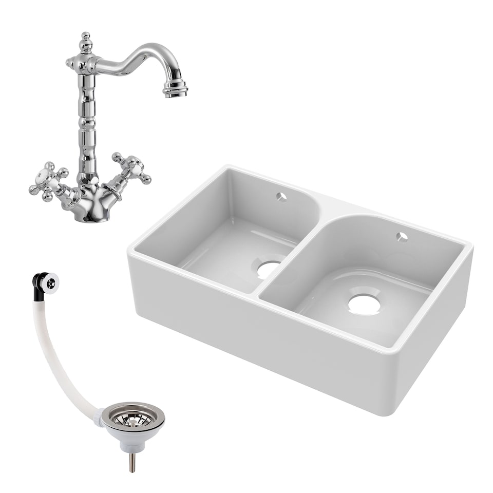 image 1 of Fireclay 2 Bowl Full Weir Butler Sink Overflow Tap Waste 795mm | White | White | 500 x 795 x 220mm