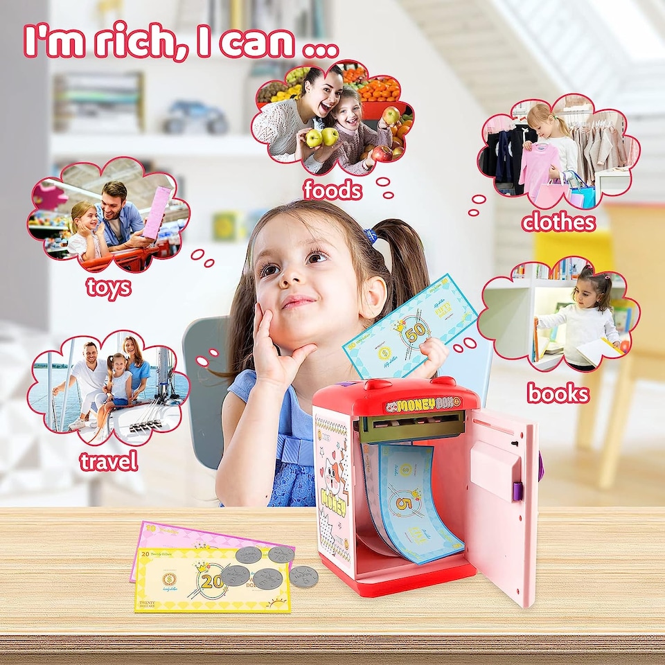 image 1 of Electronic Money Bank for Kids Pink Password & Fingerprint Toy ATM Piggy Bank Secure, Fun & Educational Savings Box