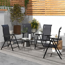 Outsunny Set of 4 Outdoor Wicker Folding Chairs, Patio PE Rattan Dining Armrests Chair set with 7 Levels Adjustable Backrest, for Outdoors, Camping, Grey