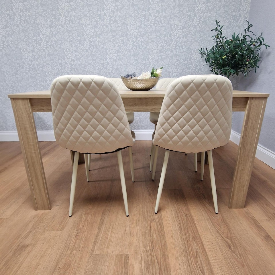 image 1 of Oak Effect Wood Dining Table with 4 Cream Gem Pattern Faux Leather Chairs
