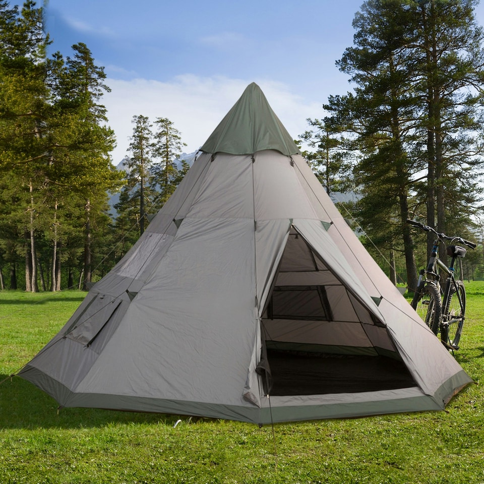 image 1 of Outsunny 6-7 Person Large Family Party Camping Tent W/ Carrying Bag, Blue