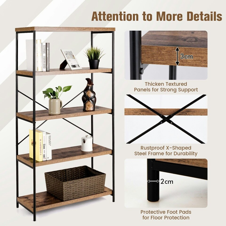 image 1 of COSTWAY 5-Tier Bookshelf Wood Bookcase Display Rack Brown Brown