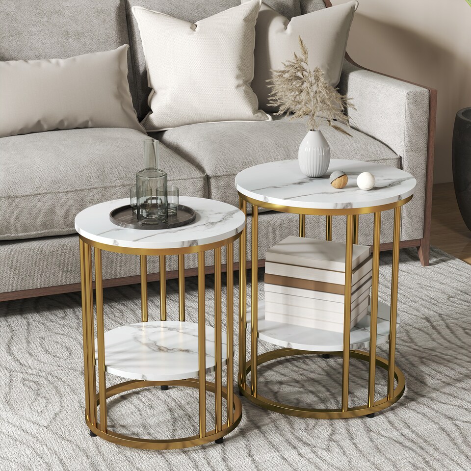 image 1 of HOMCOM Round Coffee Table Set of 2, Marble-Effect Side Tables with Storage Open Shelf and Steel Frame for Living Room, Bedroom, Gold Tone | Gold