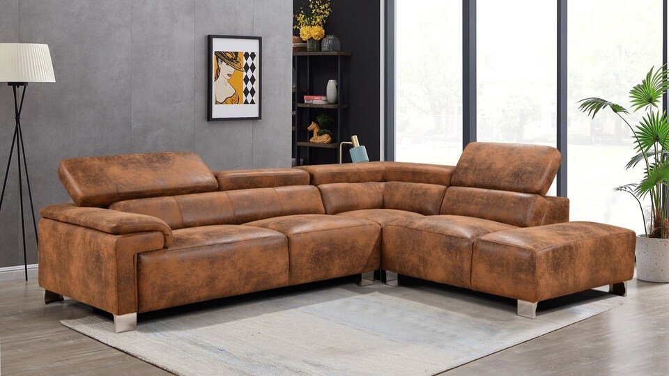 image 1 of Faux Leather Brown Suede Right Hand Facing Corner Sofa LIVORNO