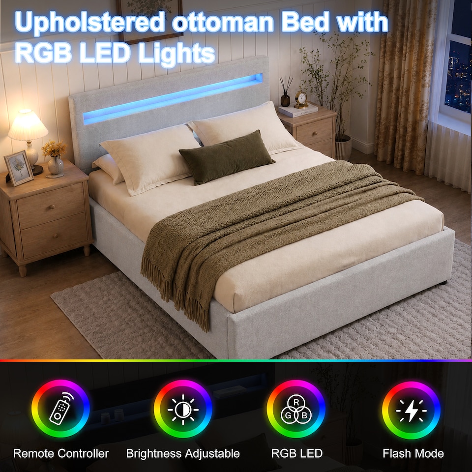 image 1 of 4ft6 Double Modern Gas Lift Ottoman Bed Frame with LED In Light Grey