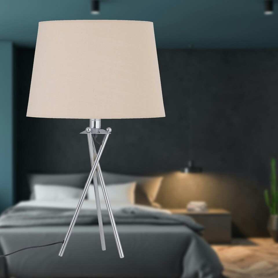 image 1 of First Choice Lighting Set of 2 Tripod Table Lamps with Natural Cotton Fabric Shades Chrome | Brown