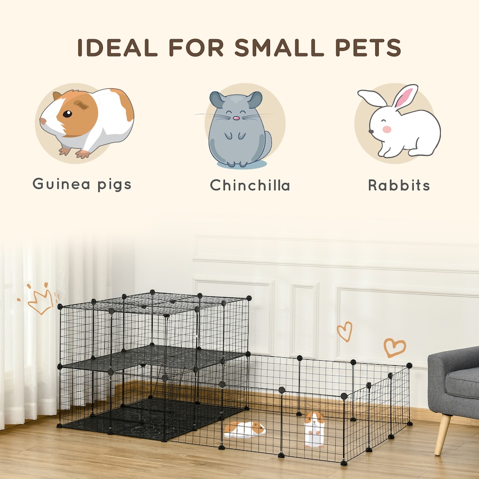 image 1 of PawHut Pet Playpen with Door, Guinea Pigs Mesh Cage for Small Animal, Black | Black