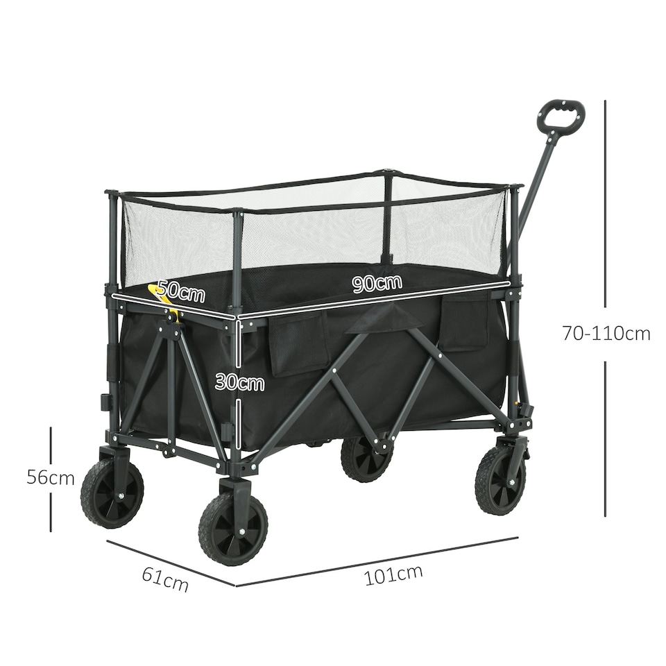 image 1 of Outsunny 180L Folding Garden Trolley Wagon Cart w/ Extendable Side Walls, Black
