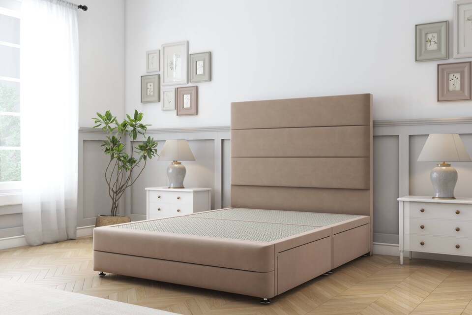 image 1 of Sloomy Monaco Mink Plush Divan Bed Base No Drawers With 26 Inch Strutted Headboard & 12 Inch Matching Footboard | Brown | Mink | King | 1
